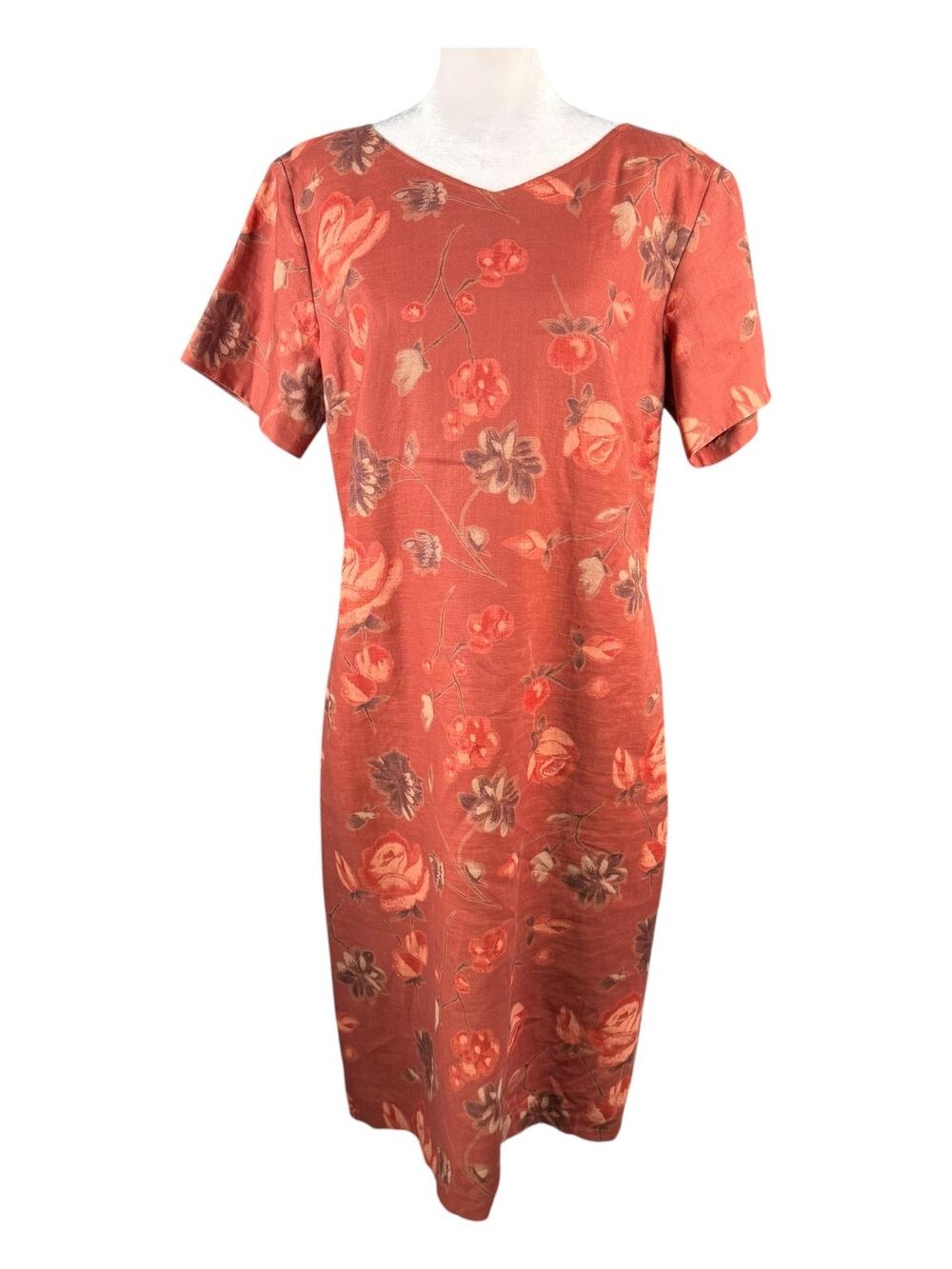 Coldwater Creek 12 100% Linen Short Sleeve Knee Length Shift Dress Rust Floral